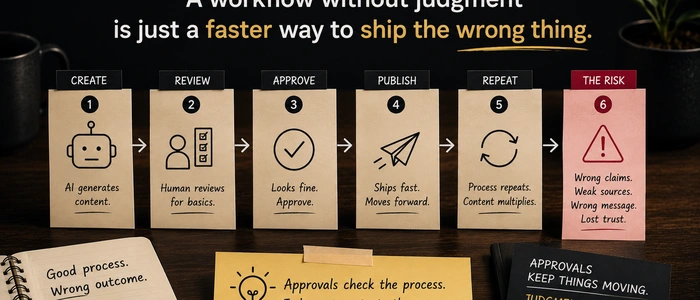 An AI content workflow moving from create to review to approve to publish, with the risk increasing when judgment is missing.