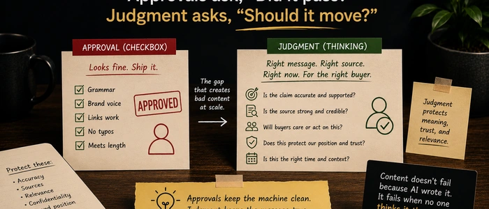 A desk visual comparing approval checkboxes with judgment questions for AI-assisted content.