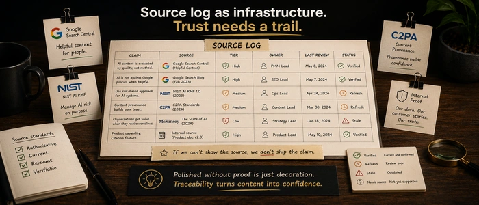 A source log shown as infrastructure, with claims mapped to source tier, owner, refresh date, and status.