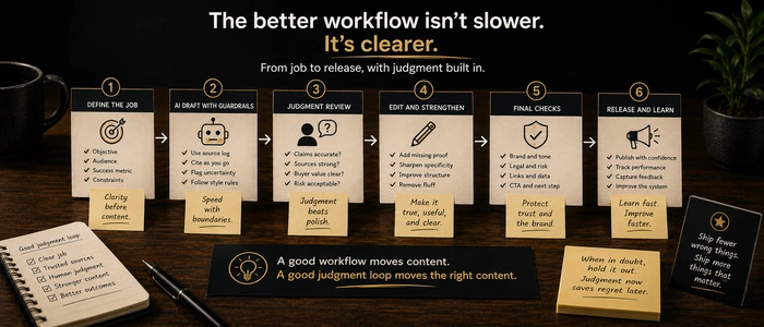 A six-step AI content workflow showing job definition, AI draft boundaries, judgment review, edit, final checks, and release learning.