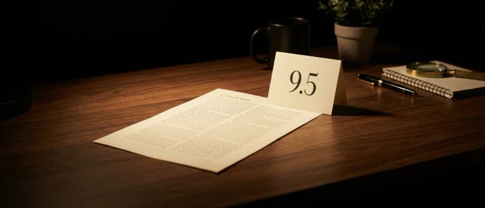 A single printed article lying face up on a desk beside a small card showing the number 9.5, with no notes or brief anywhere near it.