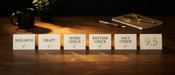 Five upright cards standing in a row, labelled research, draft, word check, rhythm check and fact check, with a sixth card at the end reading 9.5.