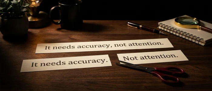 Two printed lines stacked, the upper one reading it needs accuracy, not attention, the lower one cut into two short stubs by a scissor mark.
