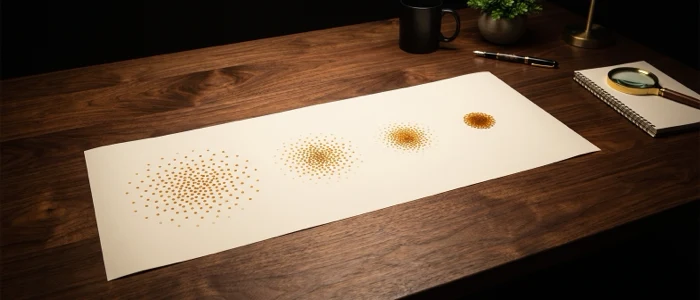 A wide spread of dots narrowing across four stages into a single tight cluster, with the outer dots faded to nothing.