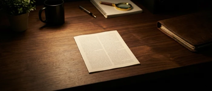An open printed article in the warm light of the desk, with a closed folder pushed away to the far dark edge, out of reach.