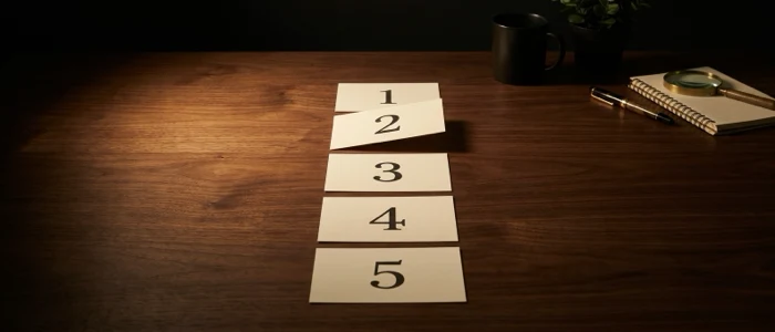 Five numbered cards laid in a column, the second one lifted slightly above the rest and turned face out.