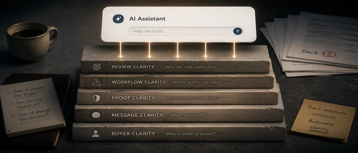 Five layers of GTM material stacked as cards, labelled buyer, message, proof, workflow and review, with AI-assisted work resting on top.