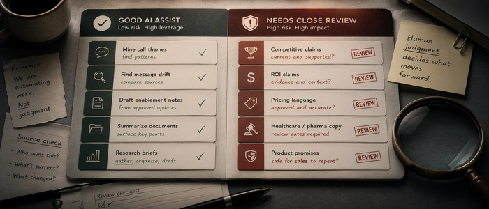 AI assist zone and human review zone showing where GTM AI can help and where claims need closer judgment.