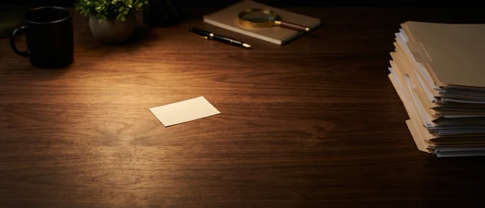 A quiet desk in warm light holding one short printed list, beside a deep stack of finished documents pushed away into shadow.