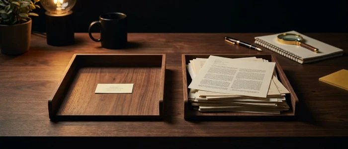 Two paper trays on a desk, the left one empty except for a single short list, the right one heaped with finished documents.