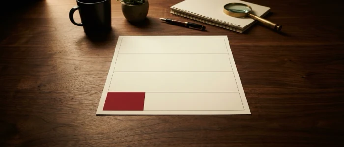 A single ruled sheet on the desk with four empty rows, only the lowest one carrying a solid deep red block at its left end.