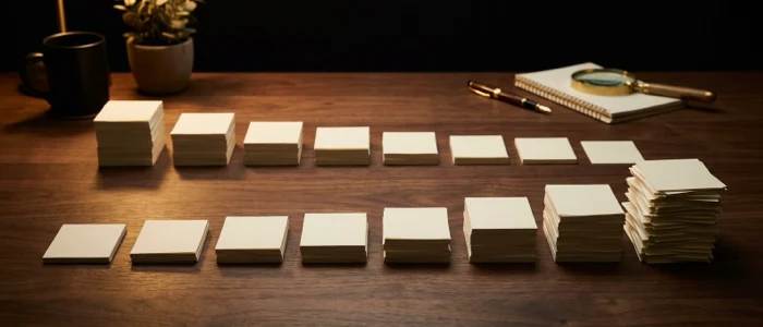 Two rows of blank paper stacks running across the desk, the upper row shrinking to bare wood and the lower row growing into a high pile.