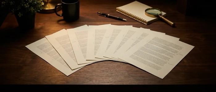 A stack of identical printed drafts fanned across the desk, each one carrying faint correction marks.