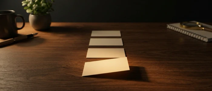Four blank cards laid in a column, the last one turned face out and catching the light.