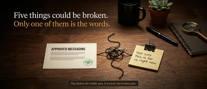 A polished slide deck facing a wall of buyer objections, with the message unravelling between them.