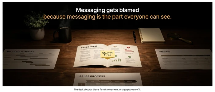 A spotlit sales deck surrounded by the product roadmap, pricing and sales process sitting in shadow.