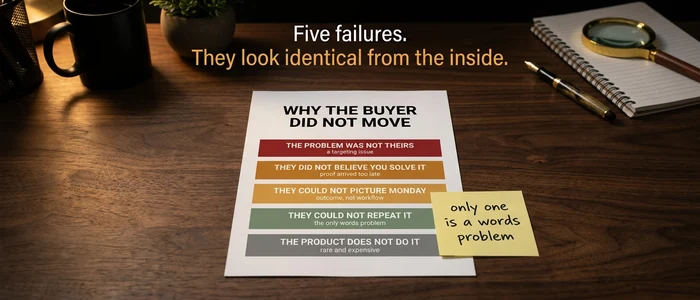 Five colour-banded rows naming why a buyer did not move, with only one marked as a words problem.