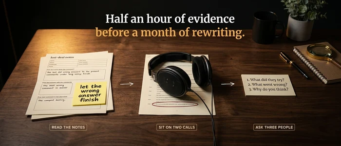 Lost-deal notes, a call transcript with one line circled, and three questions on a card.