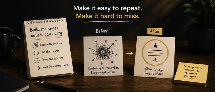 A before and after board showing a confusing message becoming clearer, easier to say, and easier to share.