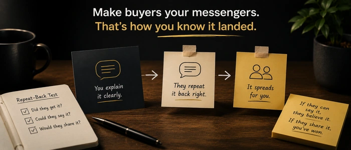 A repeat-back test ending with buyers carrying the message correctly to other people.