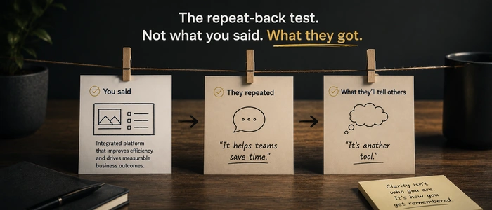 Three notes showing what the company said, what the buyer repeated, and what the buyer would tell someone else.