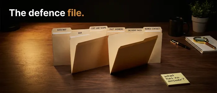 A shelf of labelled folders, three of them empty, on a dark desk.