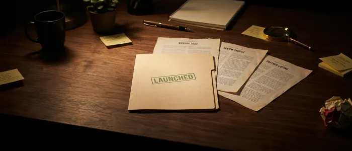 A closed folder stamped launched, beside three older pages still lying open and labelled website, review profile and partner listing.