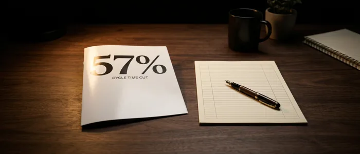A dark desk holding a glossy printed product page with a large percentage figure, set beside a blank ruled log sheet with a fountain pen resting on it.