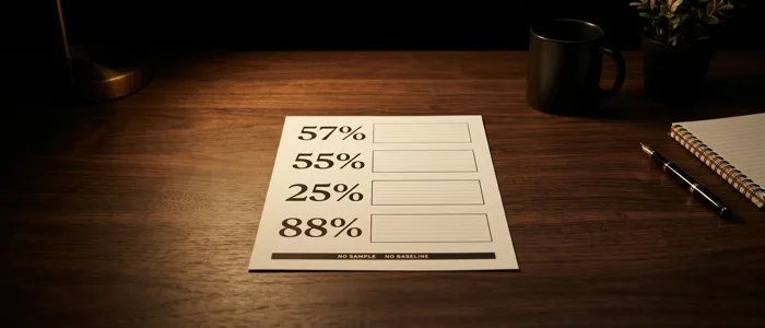A printed product page on a dark desk showing four large percentage figures in a stacked column, with an empty ruled box beside each one.