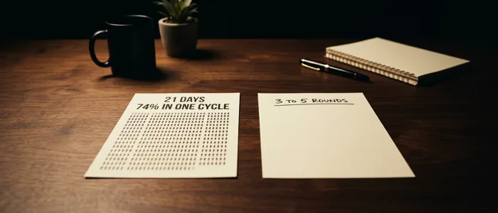 Two printed cards side by side on a dark desk, the left one dense with rows of small figures and the right one carrying a single handwritten line.