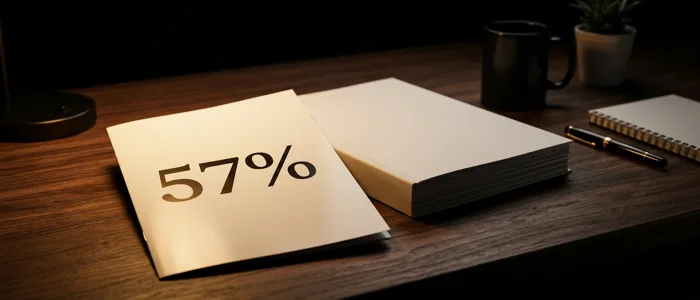 A glossy brochure page carrying one large percentage figure, lying on a dark desk beside a thick stack of plain printed pages.