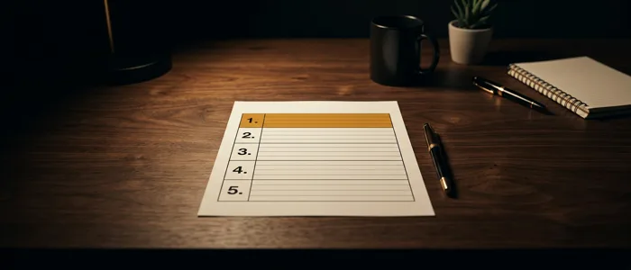 A framework sheet on a dark desk with five numbered rows, the first row filled with a solid block and the remaining four left blank.
