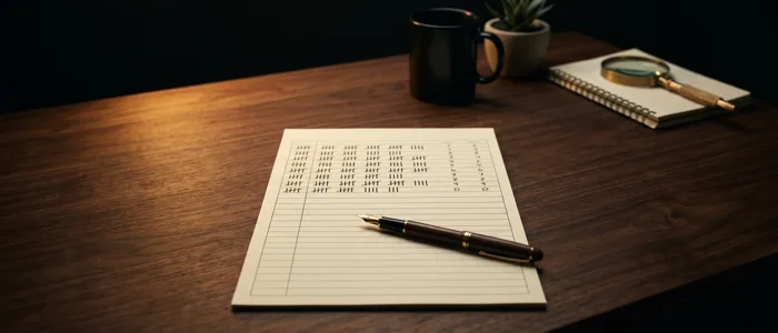A dark desk holding one ruled log sheet half filled in by hand, with a fountain pen resting across it.