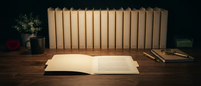 One open folder lit in the centre of a desk, with a long row of closed folders standing in shadow behind it.