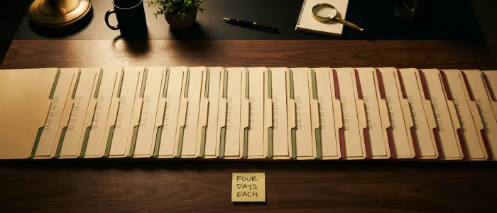 A long row of identical thin folders laid evenly across the desk, with a note beneath reading four days each.