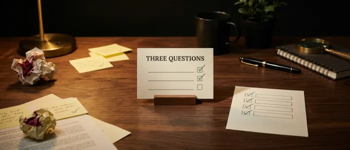 A card headed three questions with three tick boxes, two ticked and one left empty, beside a sheet of products with ticks against them.
