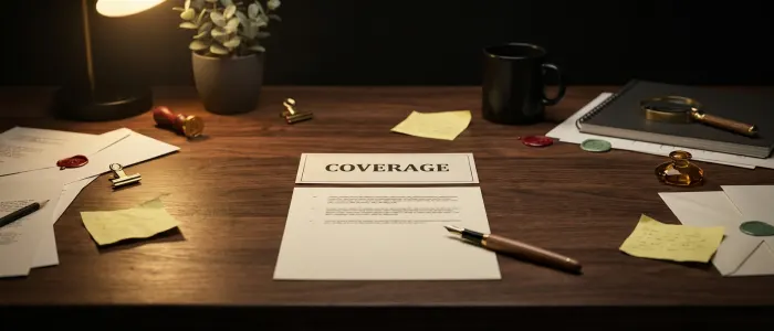 A single card reading coverage lying on the desk, with three short bulleted notes on the sheet beneath it.