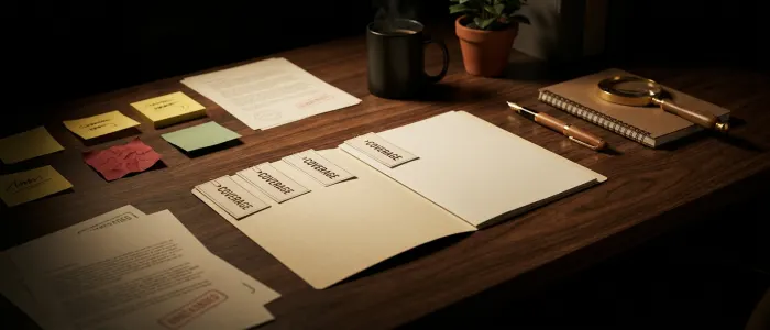 An open product file with four identical tags clipped along its top edge, each one reading coverage.