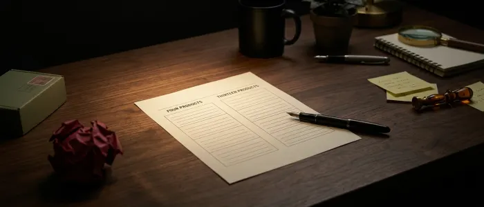 A forecast sheet ruled into two columns, one headed four products and the other thirteen products, with the figure lines left blank.