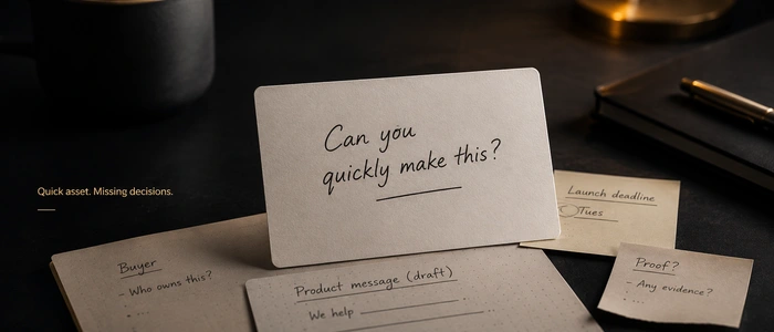A Slack-style quick asset request hovering over unresolved buyer notes, launch pressure, and product message drafts.