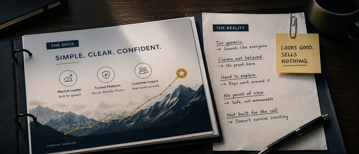 A polished sales deck contrasted with messy live-call notes showing the gap between review approval and sales reality.