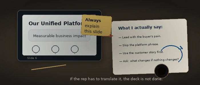 A sales rep translating an approved deck live with handwritten notes showing where the slide breaks in conversation.