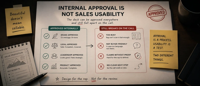 A polished sales deck covered in approval stamps but marked with live-call usability notes.