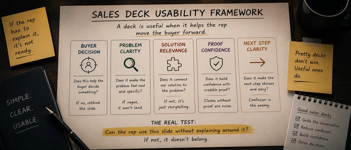 Buyer confusion map shown as a working desk of cards for problem, category, value, workflow, proof, and decision questions.
