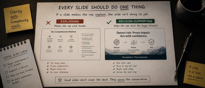 A rigid company-first deck path compared with a buyer-led sales conversation path.