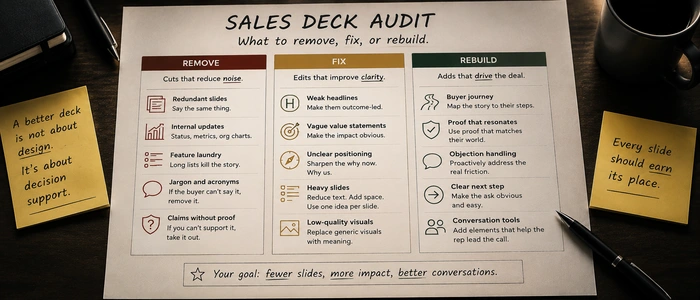 A marked-up sales deck being rebuilt from call evidence, skipped slides, buyer pauses, and proof gaps.
