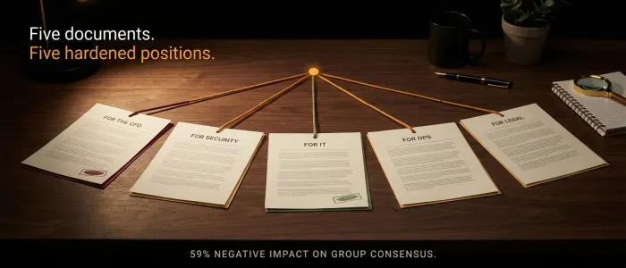 Five one-pagers fanned out, each pulling a rope in a different direction.