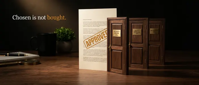 A signed approval form stopped at three doors marked security, budget and rollout.