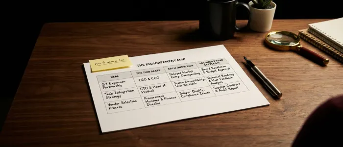A printed table headed the disagreement map, with columns for the deal, the two seats, each one's risk and the document that settles it.