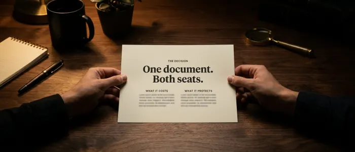 A single page headed the decision, held from both sides at once, with columns for what it costs and what it protects.